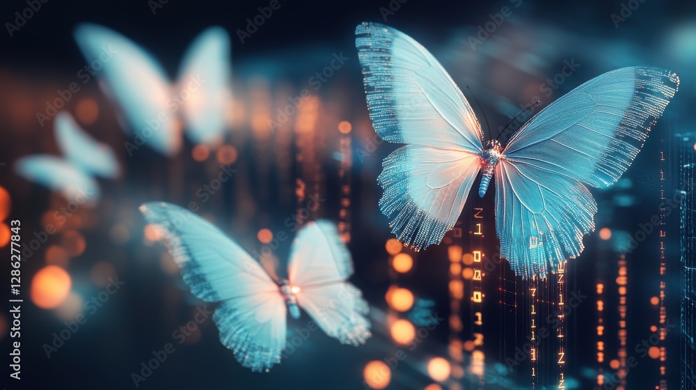 Poster surreal digital butterflies carrying encrypted data in a mesmerizing glowing display