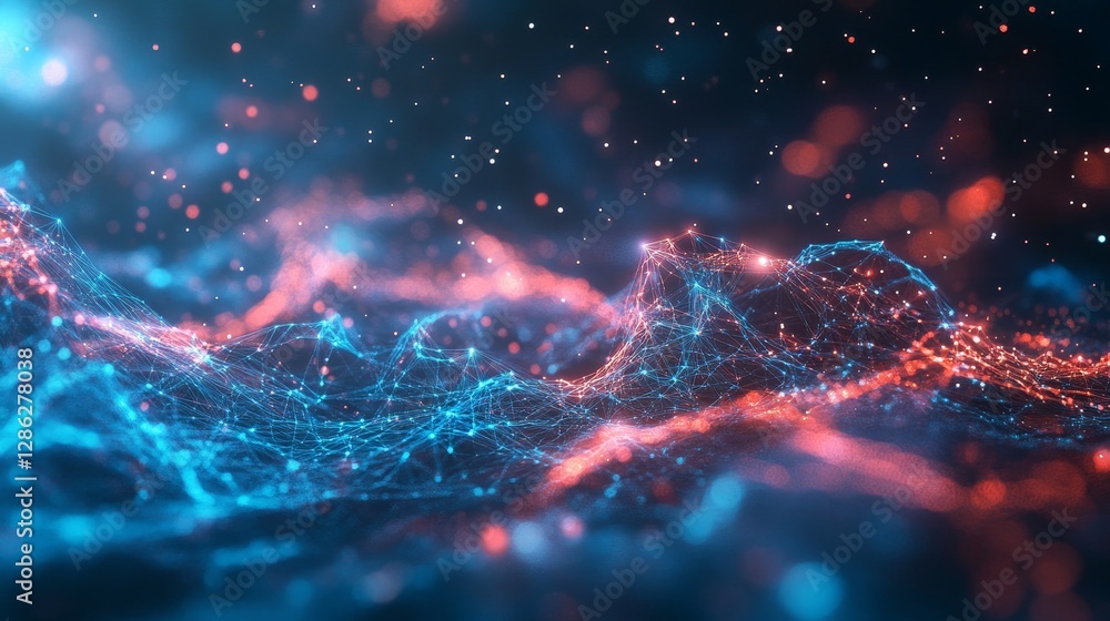 Poster abstract landscape - a mesmerizing abstract of a landscape with glowing blue and red particles formi