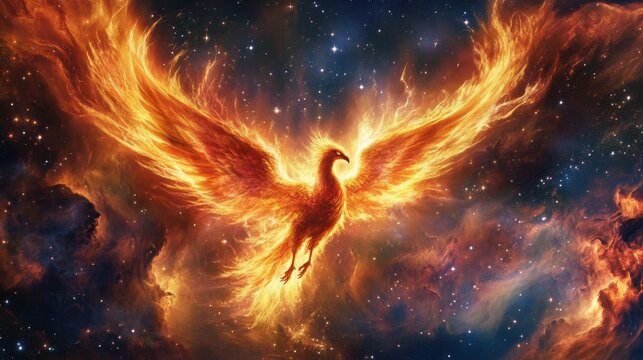 A celestial phoenix ignites within a nebula, its fiery feathers illuminating the cosmos