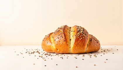 Freshly baked bread loaf with sesame seeds on light background