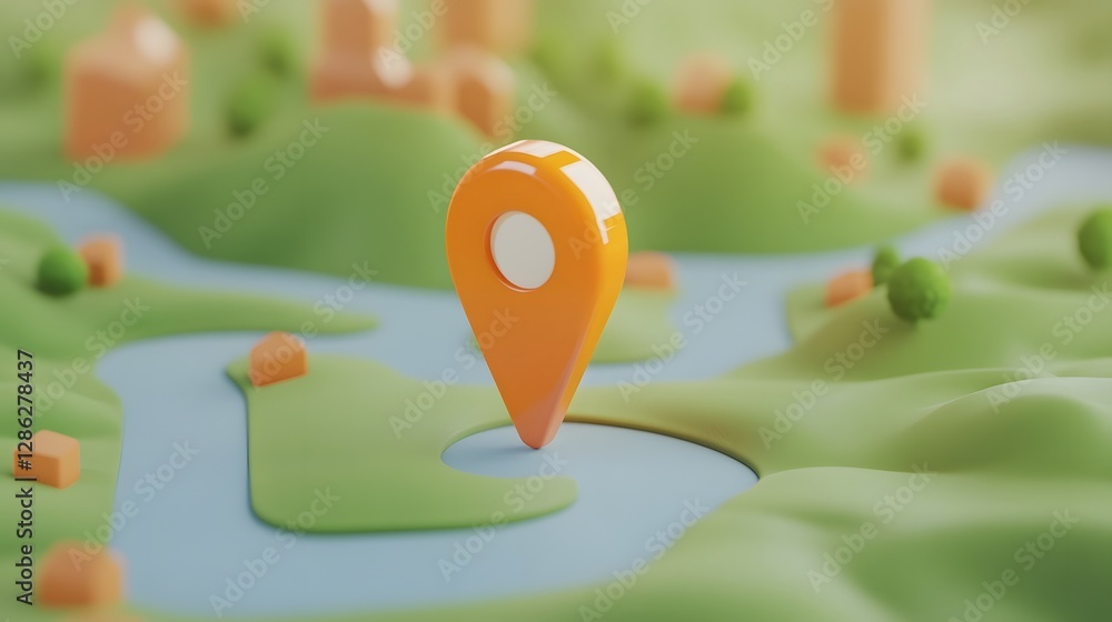 Aufkleber Orange Map Pin Pointer Symbol on Abstract Green Terrain Landscape with Gradient Foliage Textures and Patterns