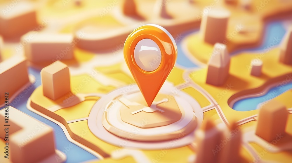 Leinwandbilder Orange Map Pin Pointer Symbol on Digital Map Interface for Travel Navigation and Location Positioning on Mobile App or Website