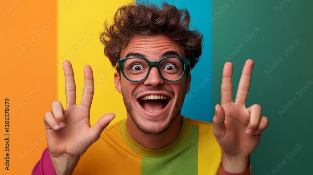 Poster man with glasses is smiling and pointing his fingers up. the image has a fun and lighthearted mood, 