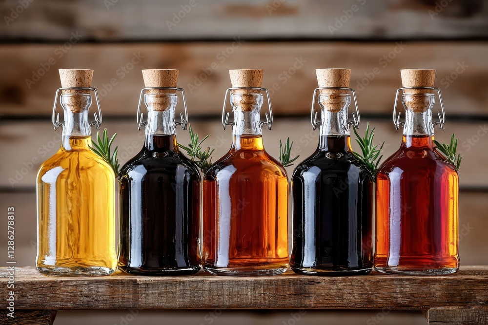 Poster artisan vinegar bottles on rustic shelf warm evening glow midangle showcase unique shapes and labels