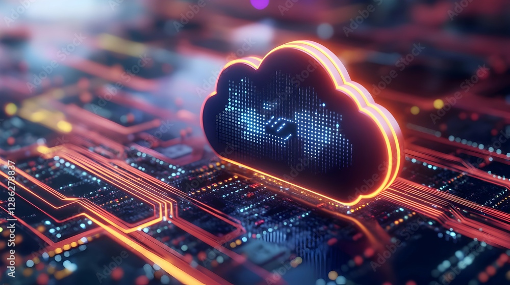 Poster a modern cloud icon sits atop a vibrant circuit board, symbolizing the connection between digital da