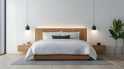 A modern bedroom featuring a stylish wooden bed, white bedding, and minimalist decor with ambient lighting.