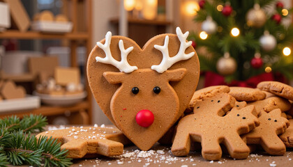 Gingerbread cookie shaped like a reindeer on festive table