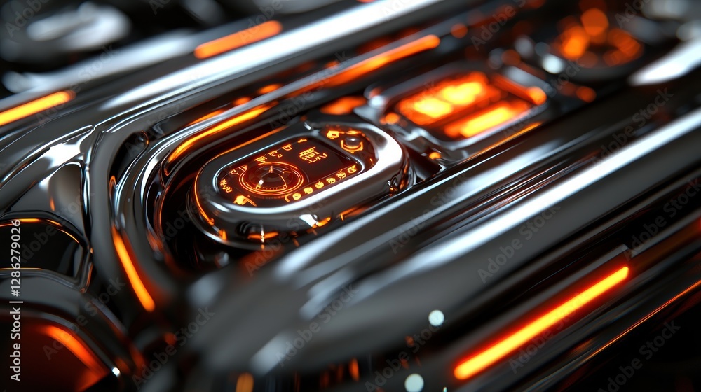 Canvas Prints close-up view of a futuristic metallic control panel with glowing orange accents and intricate detai
