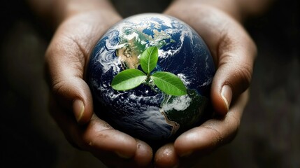Protecting Our Precious Planet, Hands Holding Earth with a New Sprout