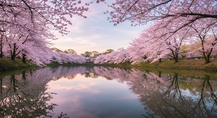 Flores de cerezo reflejándose en un lago tranquilo: una escena primaveral serena