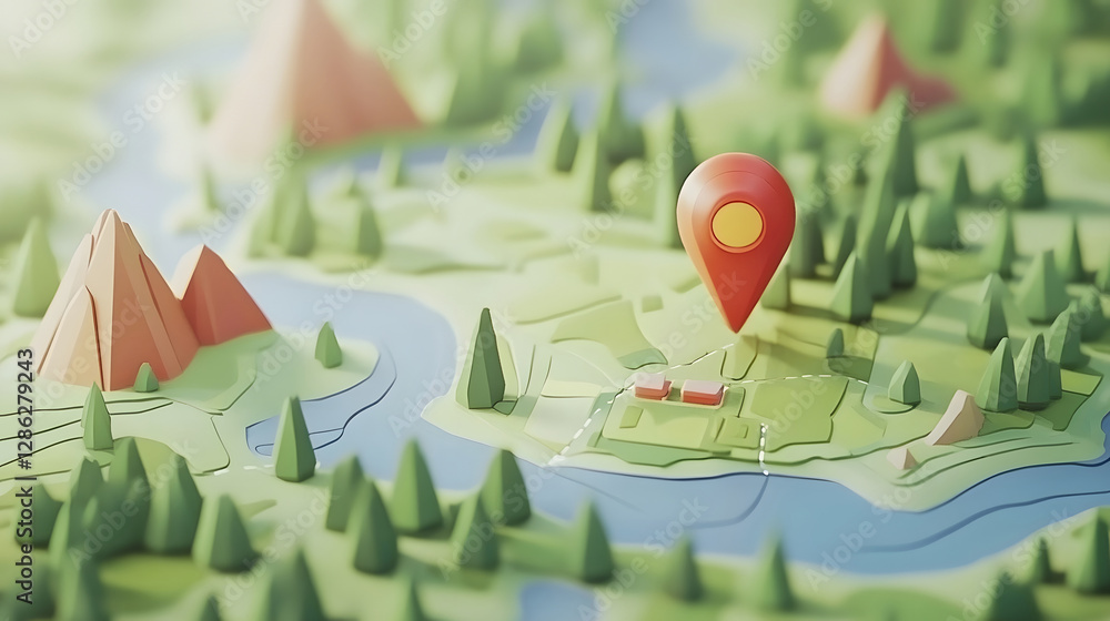 Poster overhead 3d illustrated map of a scenic and peaceful mountainous landscape with a navigation marker 