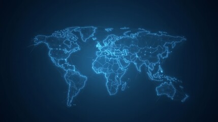 A glowing holographic world map features interconnected trade routes across continents, with vibrant data streams and digital symbols depicting modern commerce