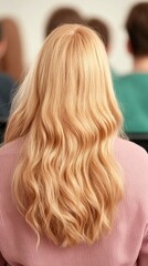 Naklejka premium A woman with long, wavy blonde hair is seated, viewed from the back, in a classroom setting with others in the background.