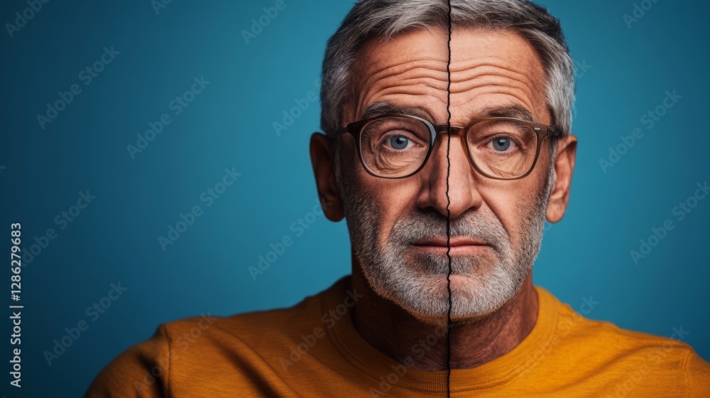 Poster man with glasses is shown in two different images. the first image shows him with a serious expressi