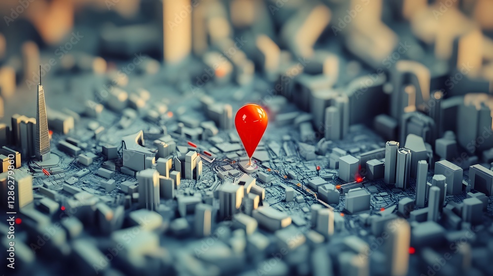 Poster Overhead View of a Detailed Miniature City Map with a Red GPS Navigation Pin Pointing to a Specific Location on the Intricate Urban Layout