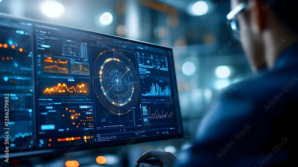 Poster a professional analyzes data on a modern computer screen displaying complex graphics and charts in a
