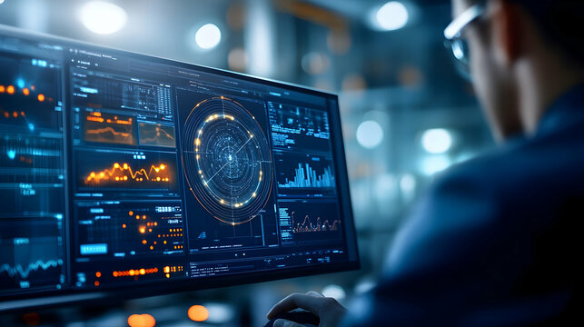 A professional analyzes data on a modern computer screen displaying complex graphics and charts in a sleek and high-tech environment.