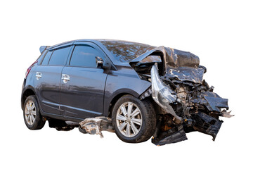 Car crash, Full body side view of black car get damaged by accident on the road. damaged cars after...