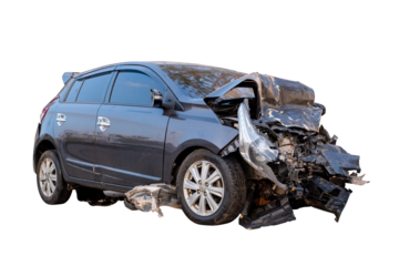 Car crash, Full body side view of black car get damaged by accident on the road. damaged cars after collision. Isolated on transparent background with, car crash broken, PNG File