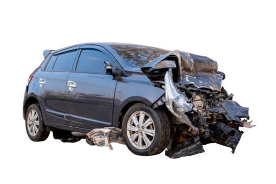 Car crash, Full body side view of black car get damaged by accident on the road. damaged cars after collision. Isolated on transparent background with, car crash broken, PNG File
