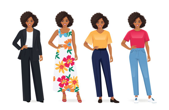 Young beautiful African American woman with afro hairstyle wearing different casual and business style clothes set isolated vector illustration