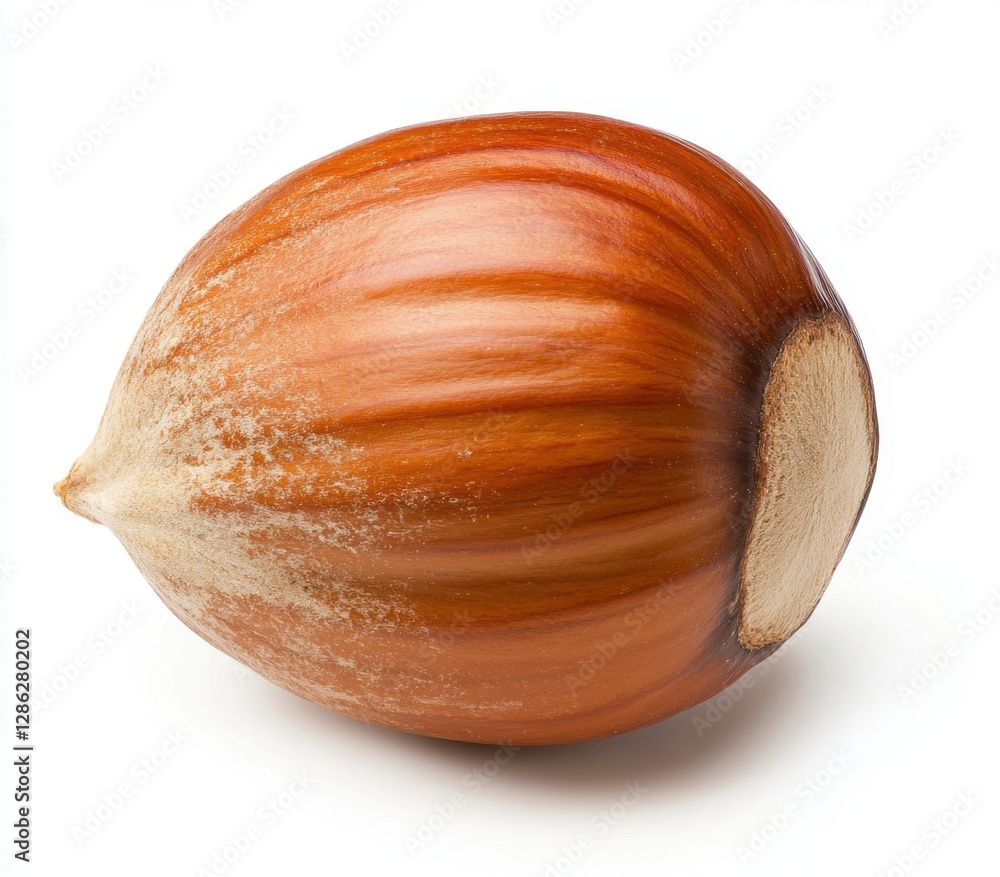 Poster close up of a single hazelnut against a white background. the hazelnut is a rich, warm brown color w