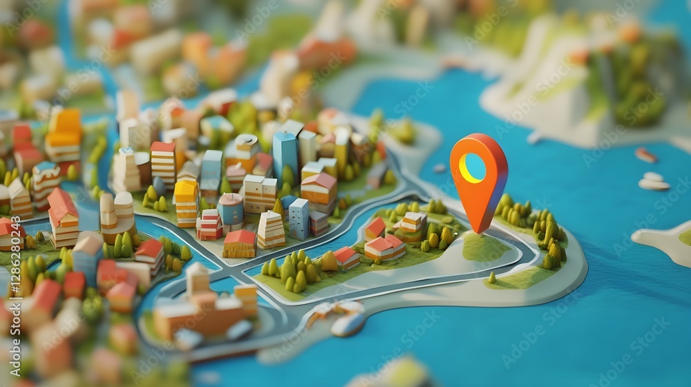 Poster overhead view of a miniature 3d model town with detailed scaled architecture roads and transportatio