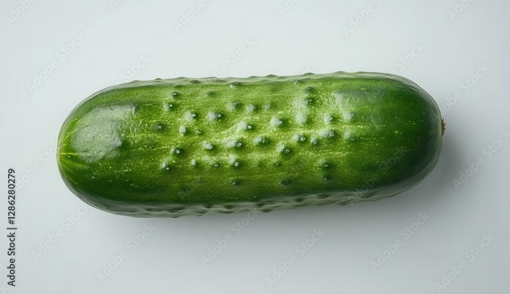 Poster Single green cucumber on a white background. The cucumber is oblong with visible bumps and a slightly shiny surface. High angle view
