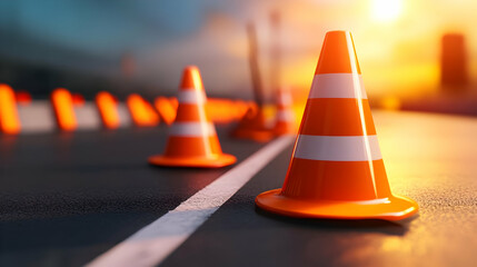 A row of orange traffic cones on a roadway against a sunset backdrop, symbolizing construction and road safety.