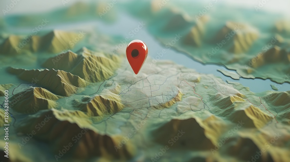 Poster Overhead view of rugged mountainous terrain with a GPS marker icon pointing to a remote wild location representing discovery