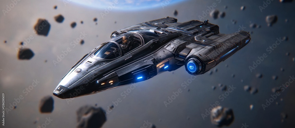 Poster futuristic spaceship, silver and dark grey, with glowing blue engines, navigating through an asteroi