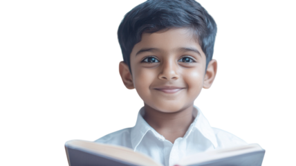 Young boy smiling while holding an open book in a bright, neutral setting showcasing joy for reading and learning