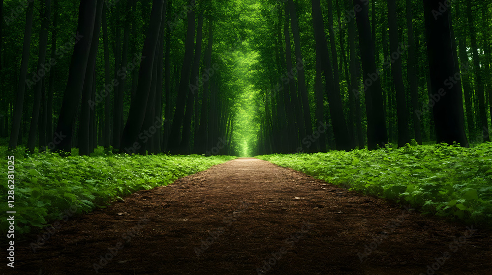 Poster a serene forest path leading through lush greenery, inviting exploration and a connection with natur