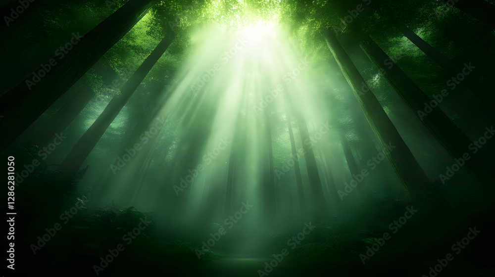 Poster a serene forest scene showcasing rays of light filtering through the trees, creating a tranquil and 