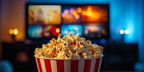 A person sits comfortably in front of a TV eating popcorn