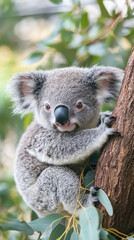 Obraz premium A tiny baby koala, surrounded by lush eucalyptus trees