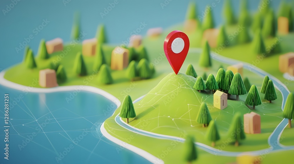 Poster Picturesque landscape map with a red location pin marker indicating a destination point surrounded by houses trees and a winding path through a scenic rural countryside setting
