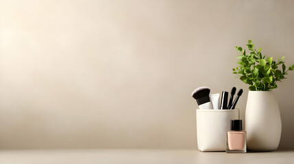 A serene lifestyle image showcasing beauty tools, nail polish, and a plant in minimalist decor, perfect for wellness and self-care themes.