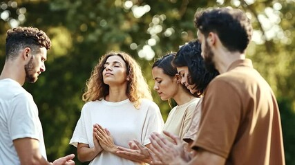 Group of people praying together in a circle at community event