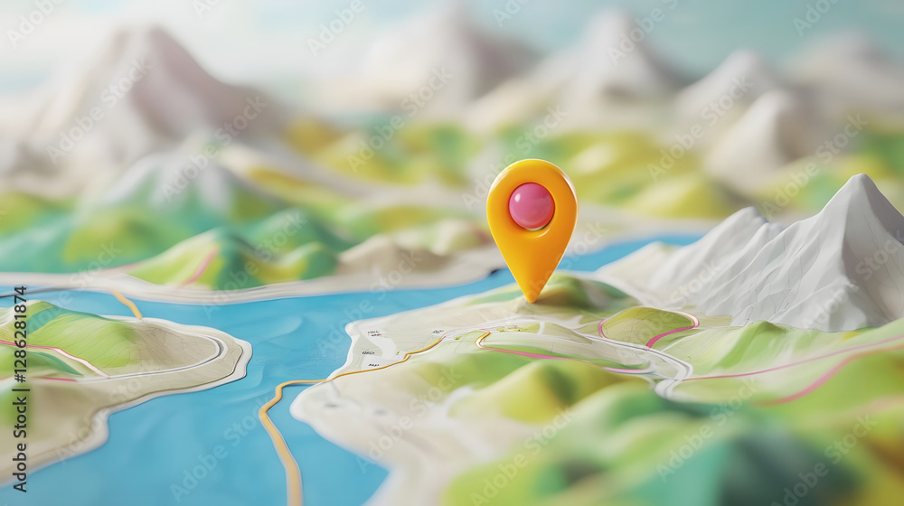 Poster picturesque mountain range with a location marker pin on a geographic map representing a travel dest