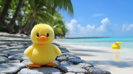 A fluffy stuffed duck walking along a cobblestone on tropical beach