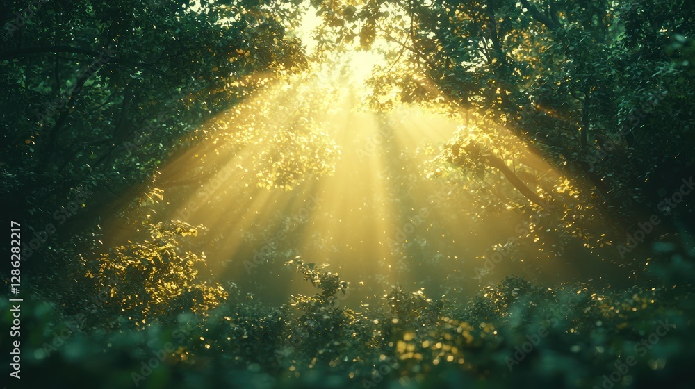 Poster sunlight streaming through forest canopy creating a magical atmosphere