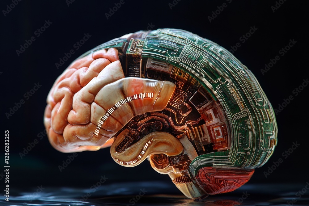 Poster bio- brain: a fusion of flesh and circuitry - a captivating 3d showcasing the intricate fusion of a 