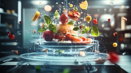 Futuristic 3D-rendered food collage where ingredients hover around a digital plate, representing high-tech food production.