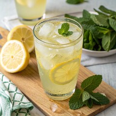 Fototapeta premium A glass of cold lemonade with a slice of lemon and mint leaves. 