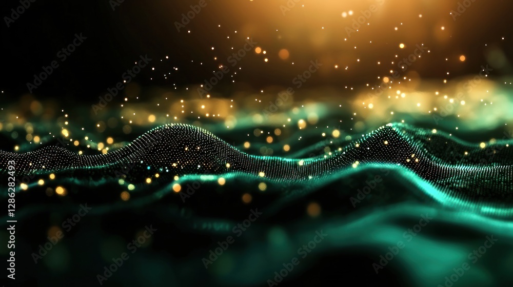 Wall mural abstract representation of shimmering waves with golden particles in a dark background