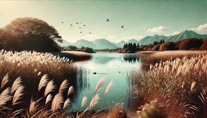 Peaceful nature scene concept featuring a calm lake surrounded by tall grasses and distant mountains creating a serene atmosphere.