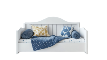 Sofa with blue and yellow cushions and a cozy blanket in a modern indoor setting