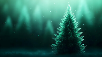 A serene, misty pine tree stands prominently, surrounded by a tranquil, ethereal forest atmosphere, evoking peace and nature's beauty.