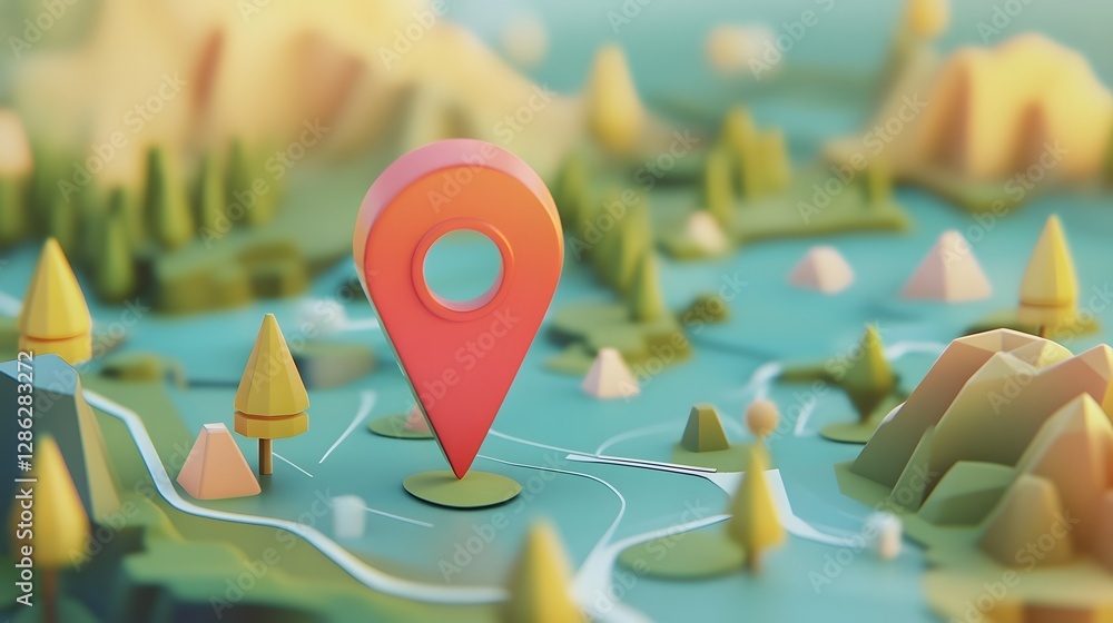 Poster pinpoint location on a detailed 3d rendered nature landscape map with navigation markers and pins fo